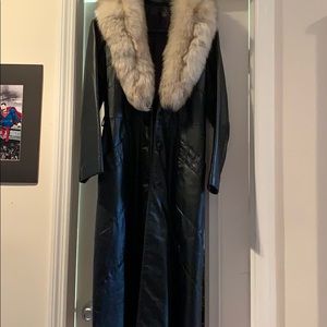 Genuine leather coat with fox fur collar